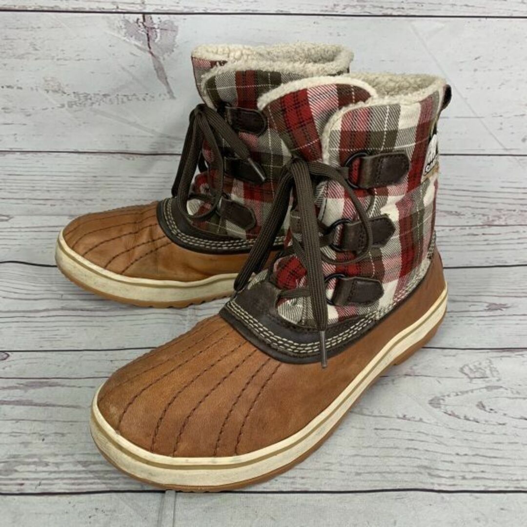 約95ｃｍアウトソールカナダ名門★SOREL/ソレル★防水/レザースノーブーツ【25.0/茶×赤系チェック】レディース/ウォータープルーフ/保温/特別カラー◆WB6-02 #BUZZBERG　-WB6-02-5th