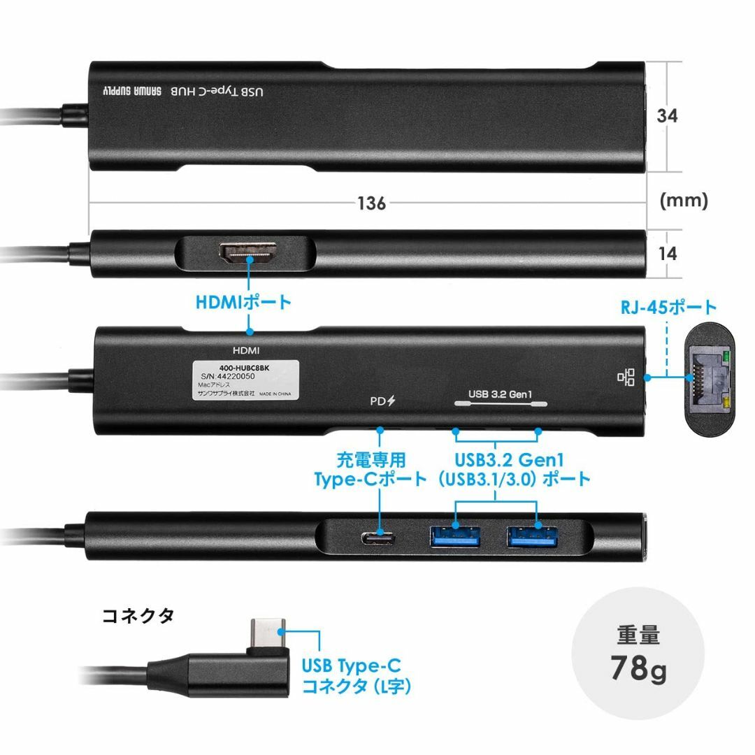 ご購入日より1年サンワダイレクト Type-C ドッキングステーション USB-C ハブ HDM