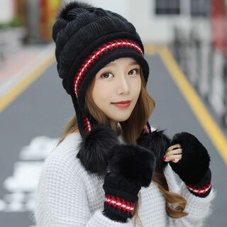ニット帽 手袋 セット 韓国 秋冬 暖かい レディース ベルベット ブラック(ニット帽/ビーニー)