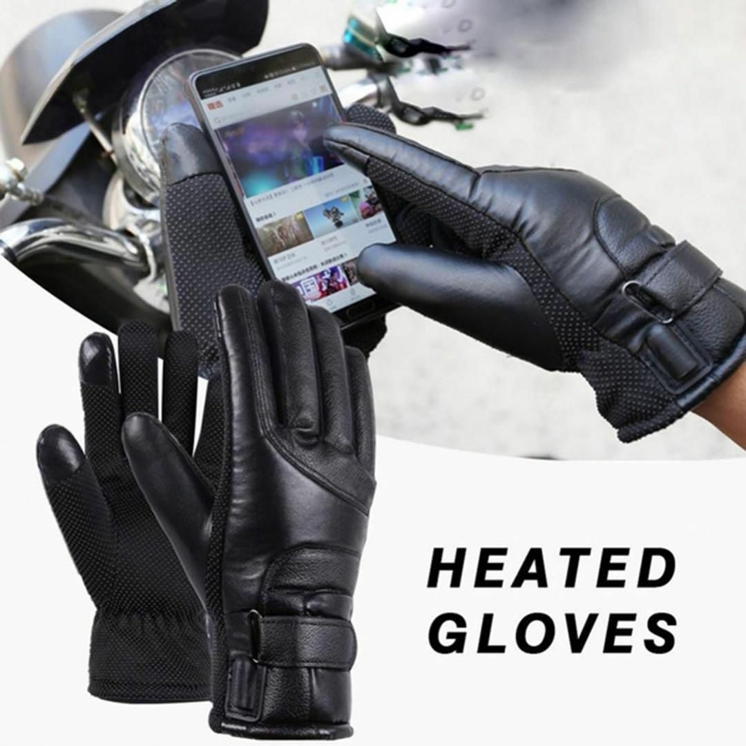 電熱手袋 ブラック USB レザー ミトン 暖かい 加熱 バイク 自転車 冬 メンズのファッション小物(手袋)の商品写真