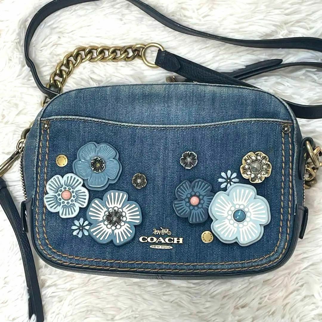 美品\u0026希少品✨COACH ショルダーバッグデニムレザー ウィズティーローズ 花柄