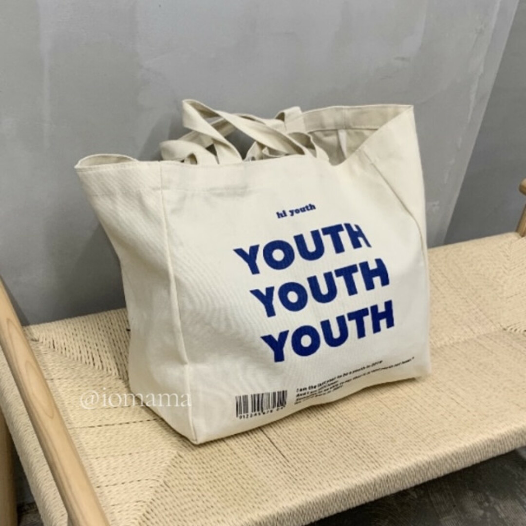 youth ロゴ キャンバストート 帆布 きなり 綺麗 美品 大容量 安い 青 レディースのバッグ(ショルダーバッグ)の商品写真