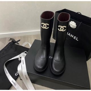 シャネル CHANEL ブーツ レイン ロング エナメル ロゴ G26154 黒33cm筒高