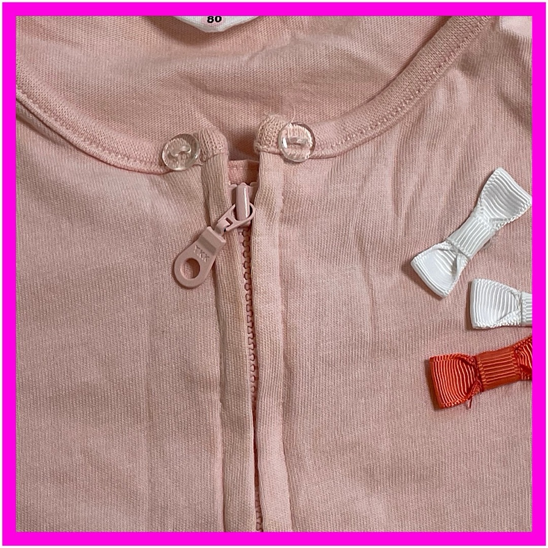 ピンク パーカー フード付き 取り外し可能 リボン 長袖 女の子 80㎝中古品  キッズ/ベビー/マタニティのベビー服(~85cm)(カーディガン/ボレロ)の商品写真