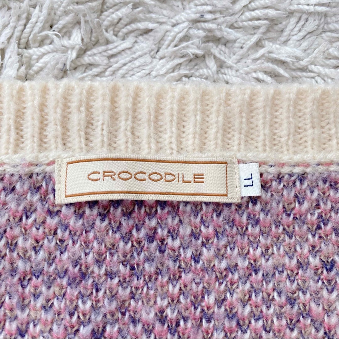 Crocodile(クロコダイル)のクロコダイル ミックス ニット カーディガン ロゴ 刺繍 大きいサイズ レディースのトップス(カーディガン)の商品写真