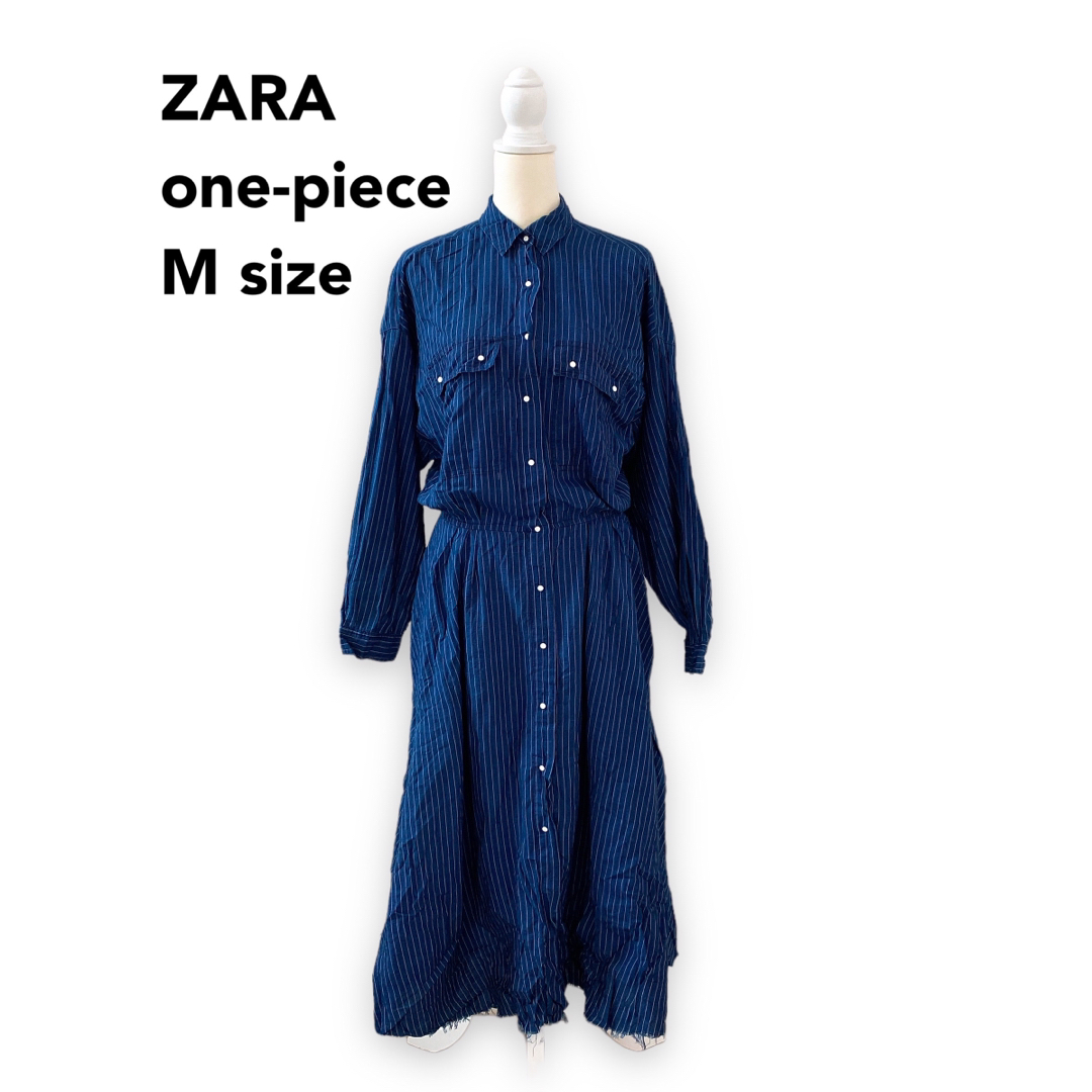 ZARA(ザラ)のZARA ザラ　ロングワンピース　長袖　総柄　ストライプ　ネイビー　Mサイズ レディースのワンピース(ロングワンピース/マキシワンピース)の商品写真