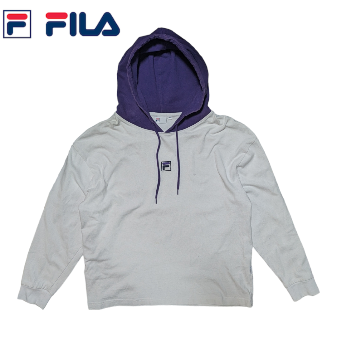 FILA(フィラ)のy2k FILA ホワイト パープル バックプリント スウェットパーカー メンズのトップス(パーカー)の商品写真