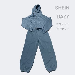 シーイン(SHEIN)の上下セット ショート丈スウェットパーカー ジョガーパンツ　ブルーグレー系(パーカー)