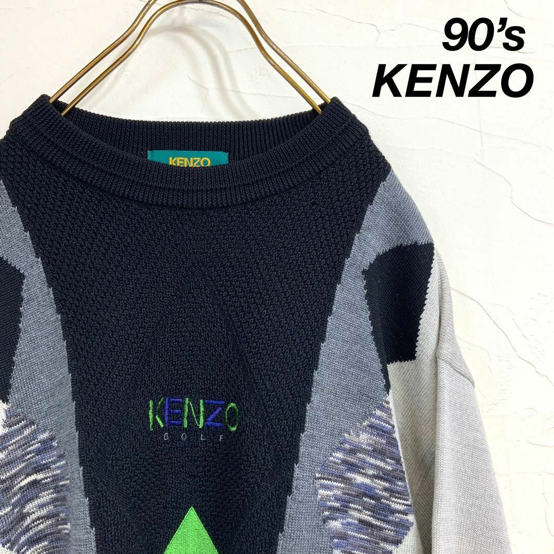 90’s KENZO ネオンカラー刺繍 アーガイルニット グレー ブラックユニセックス