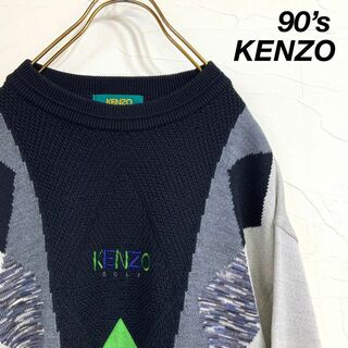 ケンゾー(KENZO)の90’s KENZO ネオンカラー刺繍 アーガイルニット グレー ブラック(ニット/セーター)