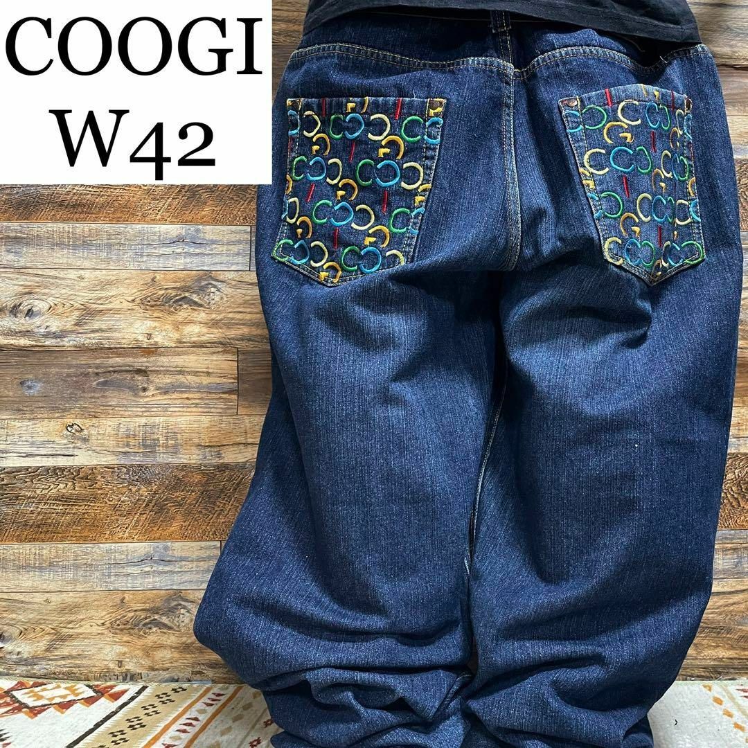 COOGI○サイズクージーバギーデニムジーンズ刺繍ストリートw42極太b系オーバーサイズ紺青ブルー