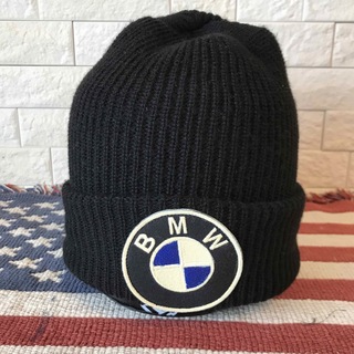 ビーエムダブリュー(BMW)のUS古着 BMW ワッペン ニット帽 ブラック(ニット帽/ビーニー)