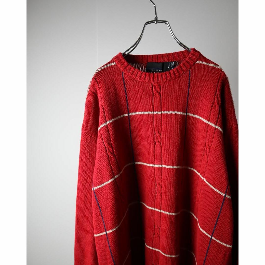 【vintage】ケーブル編み×チェック柄 コットン ニット セーター 赤 XL