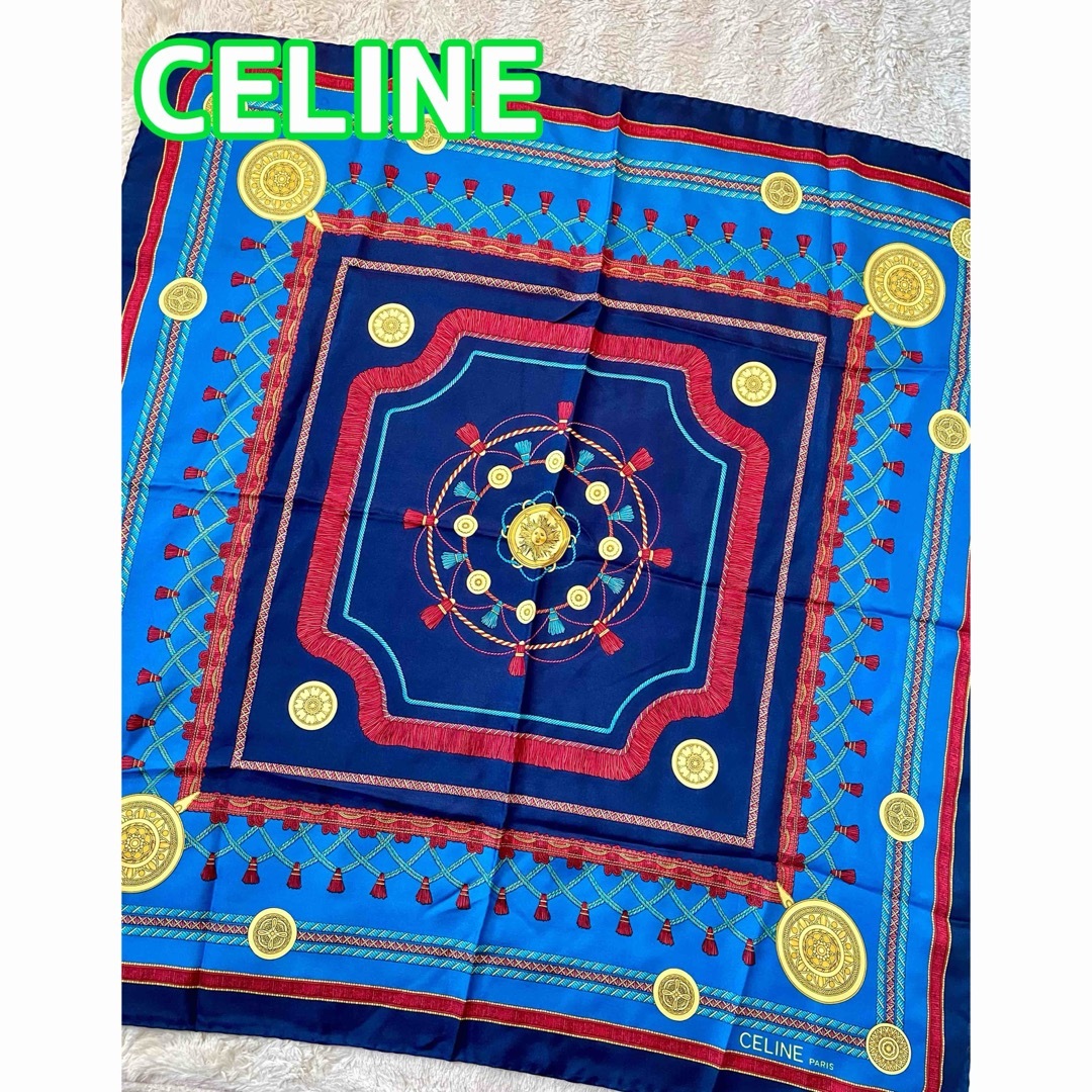 CELINE セリーヌ　シルク100% 大判スカーフ　ブルー系　太陽、月、宇宙柄葵紫スカーフ葵紫スカーフ