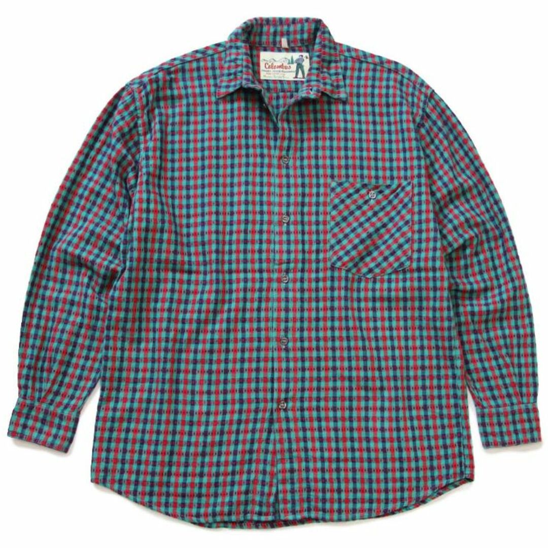 緑×赤×紺素材イタリア製 Columbus チェック 織り柄 コットン ネルシャツ M★オールド ユーロ アウトドア ロガー ジャガード オーバーサイズ