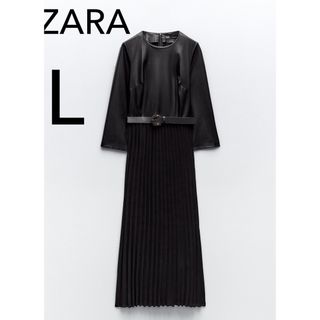 ザラ(ZARA)のZARAコントラストフェイクレザーミディワンピース 新品(ロングワンピース/マキシワンピース)