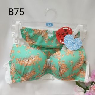 【送料込み】princess B75 グリーンにオレンジ花柄 ホワイト(ブラ&ショーツセット)