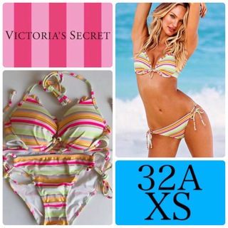 ヴィクトリアズシークレット(Victoria's Secret)のレア 新品 水着 ヴィクトリアシークレット 32A/XS イエローマルチボーダー(水着)