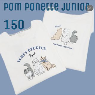 メゾピアノジュニア(mezzo piano junior)のポンポネットジュニア　猫長袖Tシャツ　150  白(Tシャツ/カットソー)