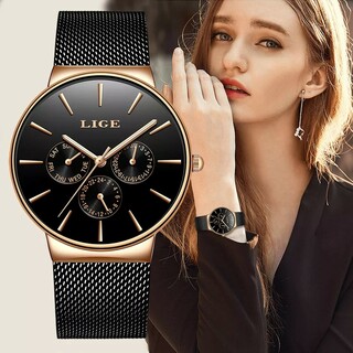 LIGE  腕時計　レディース　ブラック(腕時計)