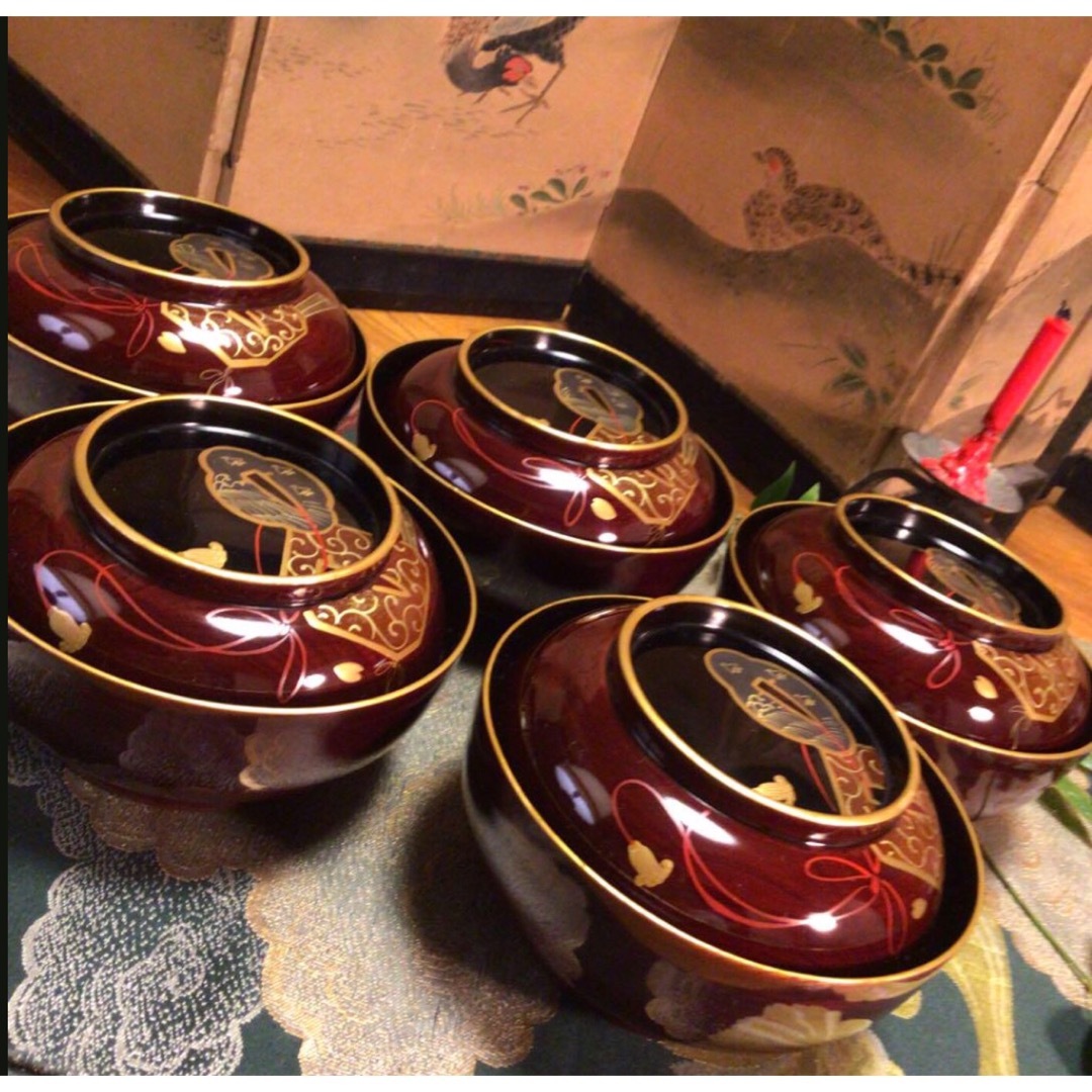 A756木製輪島塗 木地塗 鍔に扇桜蒔絵 金縁 梨地 吸物椀 菓子椀 5客 A756木製輪島塗 木地塗 鍔に扇桜蒔絵 金縁 梨地 吸物椀 菓子椀 5客