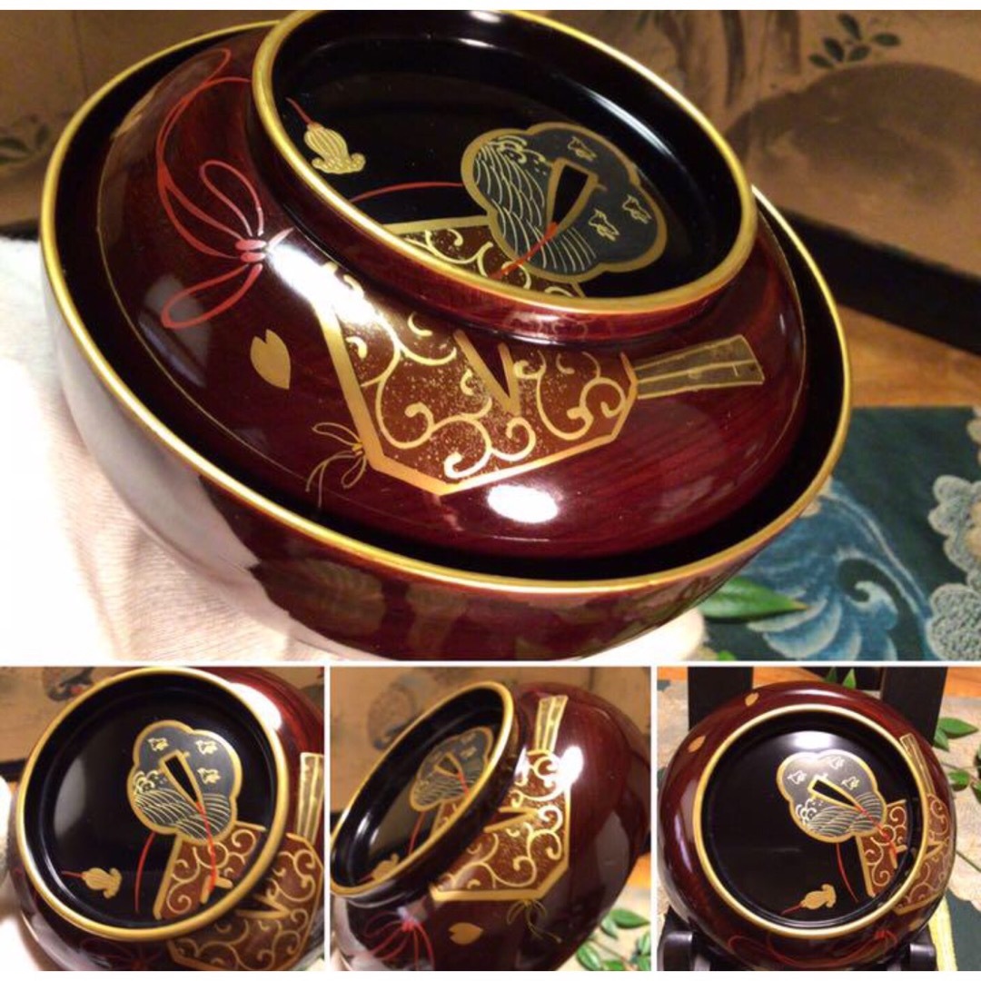 A756木製輪島塗 木地塗 鍔に扇桜蒔絵 金縁 梨地 吸物椀 菓子椀 5客 A756木製輪島塗 木地塗 鍔に扇桜蒔絵 金縁 梨地 吸物椀 菓子椀 5客