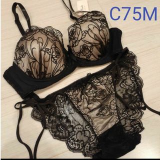 ローズ育乳脇高ブラジャー&サイド紐バック透けフルバックショーツ/C75M(ブラ&ショーツセット)