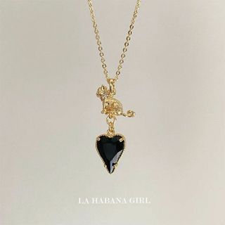 エディットフォールル(EDIT.FOR LULU)のLaHabanagirl ブラックハート×猫モチーフ ネックレス ゴールド(ネックレス)