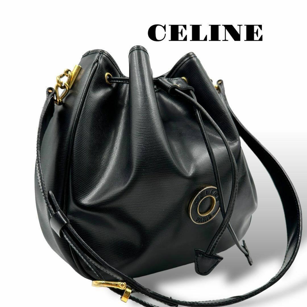 美品 セリーヌ ショルダーバッグ 巾着 サークルロゴ オールレザー ブラック | フリマアプリ ラクマ
