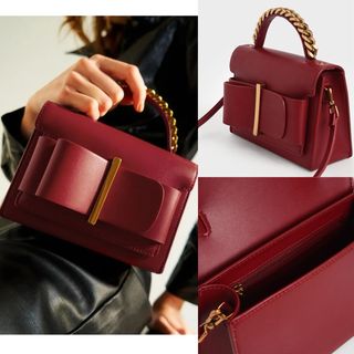 チャールズアンドキース(Charles and Keith)のチャールズ＆キース 新品 ボウトップハンドルバッグ 赤リボン チェーンショルダー(ショルダーバッグ)