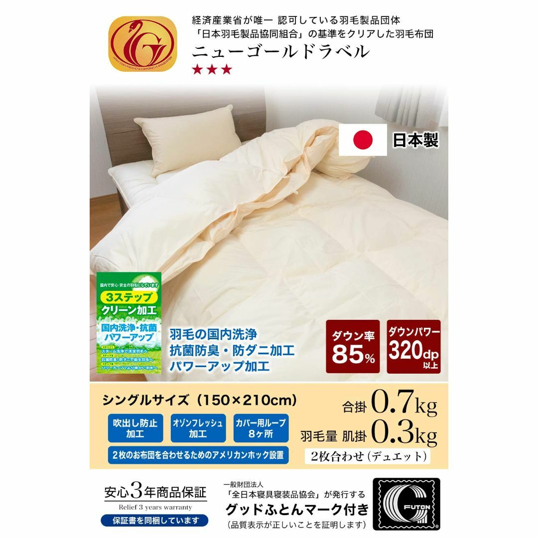 【数量限定】安眠工場 羽毛布団 2枚合せデュエット シングル合掛0.7kg、薄掛