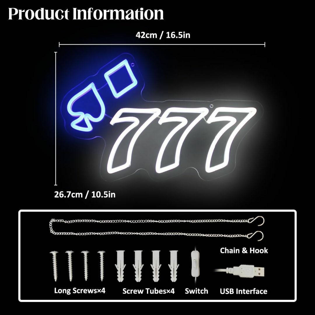 777ネオンサイン 壁の装飾ポーカーネオンサイン エンジェルナンバーのネオンライ インテリア/住まい/日用品のオフィス用品(店舗用品)の商品写真