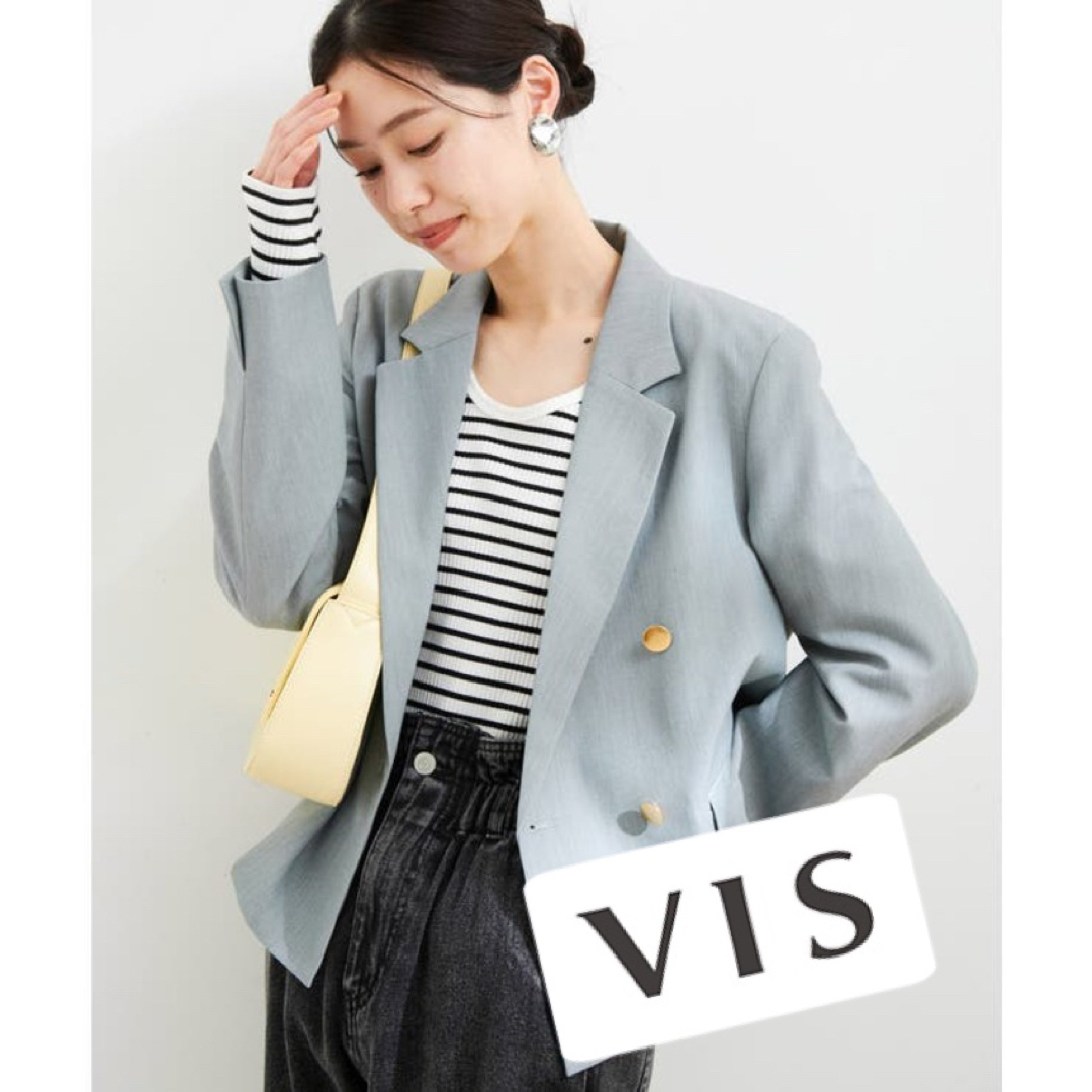ViS(ヴィス)の美品　今季　ブルー　VIS 金釦　ショート　ダブル　テーラード　ジャケット レディースのジャケット/アウター(テーラードジャケット)の商品写真