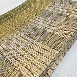 手組み織り　縦縞模様に横段模様の袋帯　着物　金糸