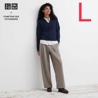 ユニクロ(UNIQLO)のUNIQLO ブラッシュドジャージータックワイドパンツ　丈標準　ベージュ　L(カジュアルパンツ)