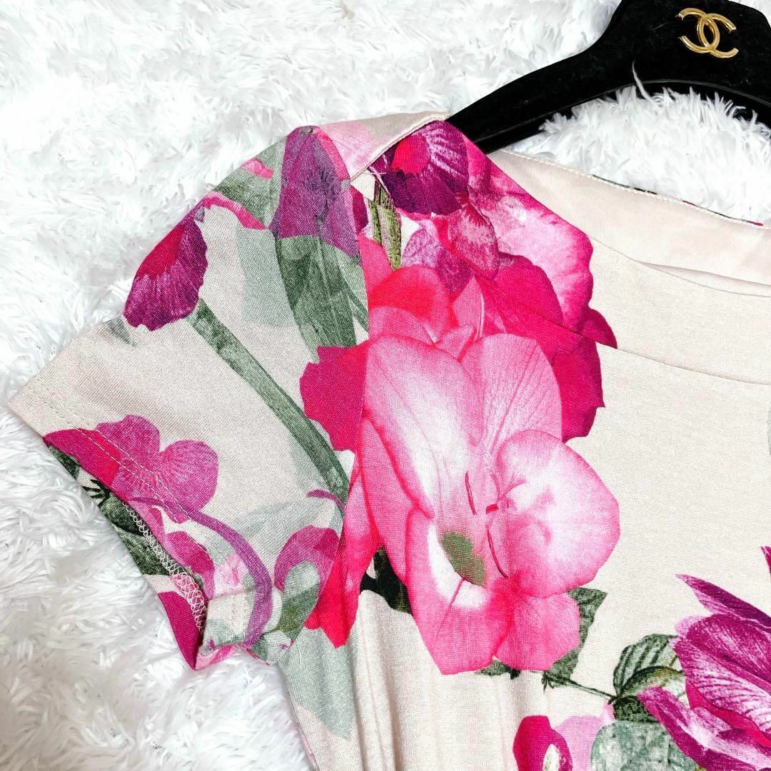 LAURA ASHLEY(ローラアシュレイ)のローラアシュレイ 膝丈ワンピース 9号 花柄  総柄 リボン ベージュ ピンク レディースのワンピース(ひざ丈ワンピース)の商品写真