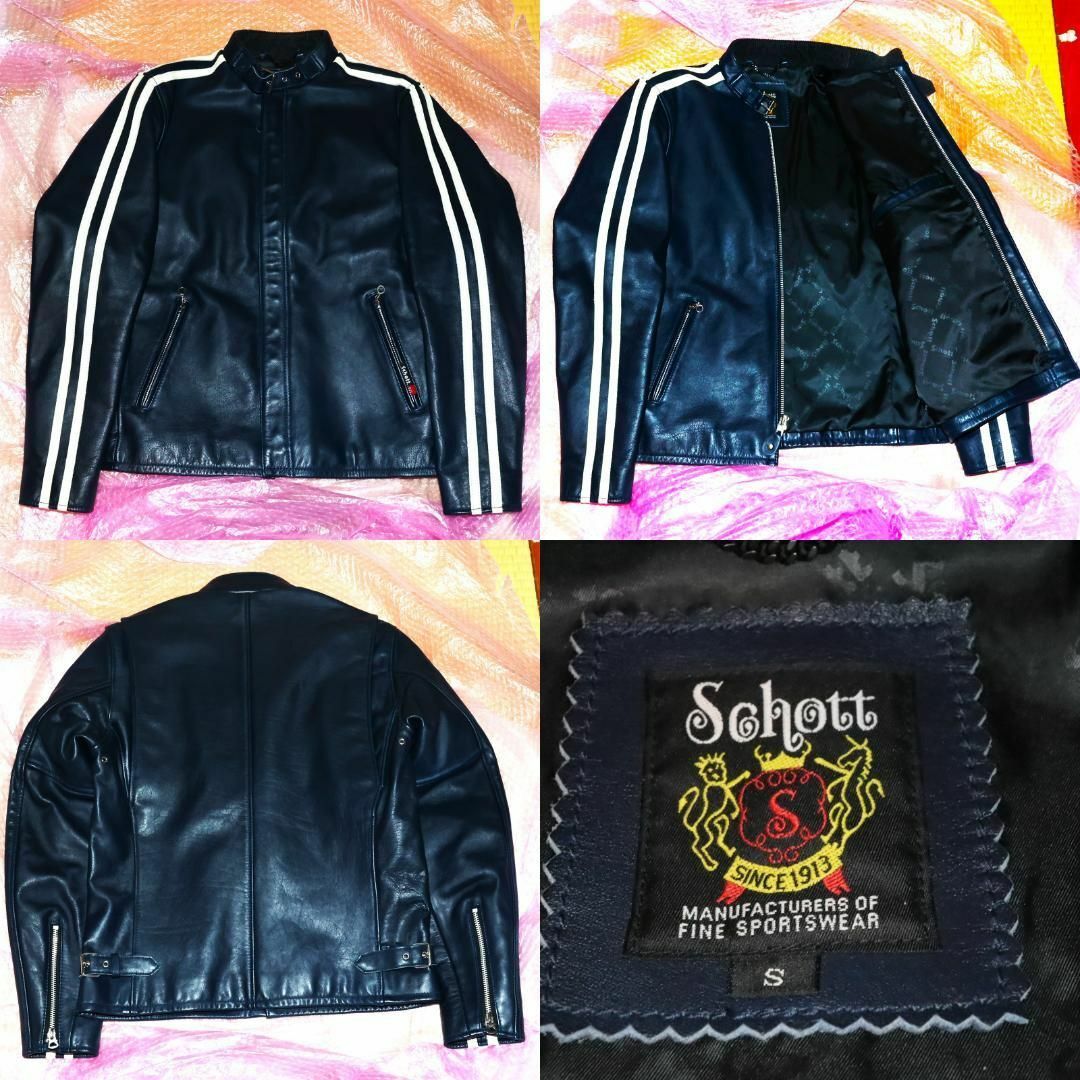 schott(ショット)のSchott ショットクラシックレーサーレザーライダース ジャケット紺ネイビー メンズのジャケット/アウター(ライダースジャケット)の商品写真