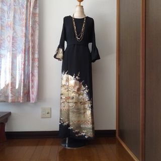 着物リメイクワンピース留袖ドレス黄金の波 落款あり作家物(ロングドレス)