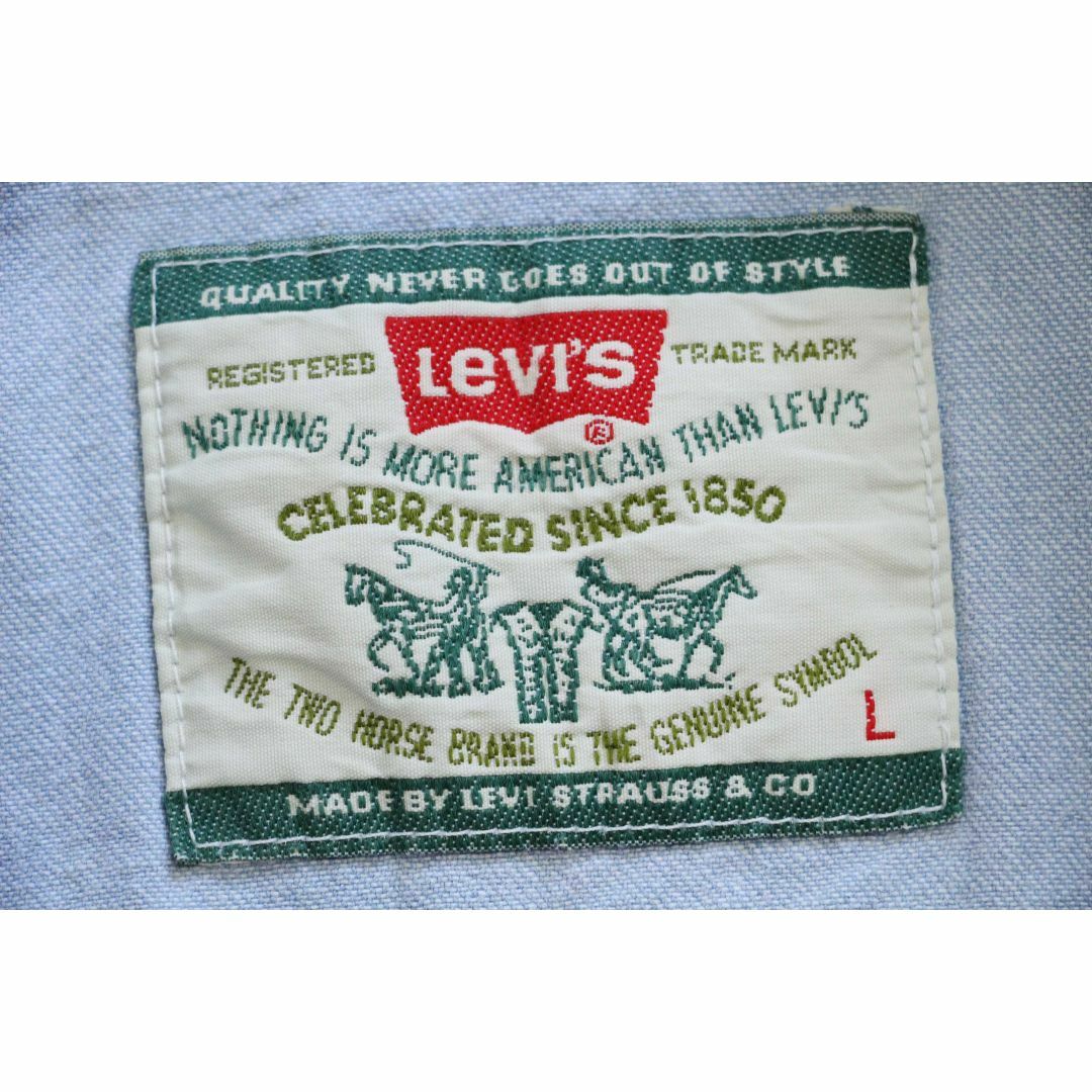 スカイブルー系素材90s Levi'sリーバイス カラーデニム ワークシャツ スカイブルー L★オールド ビンテージ コットン オーバーサイズ ビッグサイズ