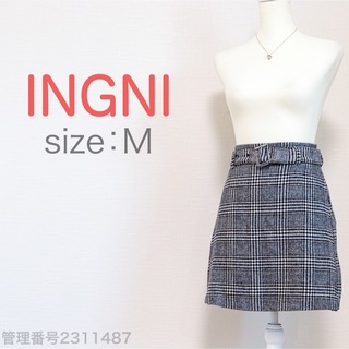 イング(INGNI)のINGNI ベルト付き　グレンチェック　ミニスカート　台形スカート　グレー　M(ミニスカート)