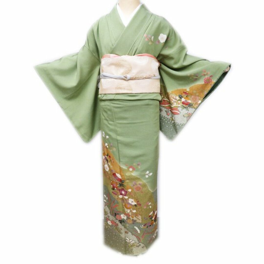 付下げ 付け下げ 訪問着 着物 中古 正絹 袷 花模様 黄浅緑色 多 付下げ 付け下げ 訪問着 着物 中古 正絹 袷 花模様 黄浅緑色 多