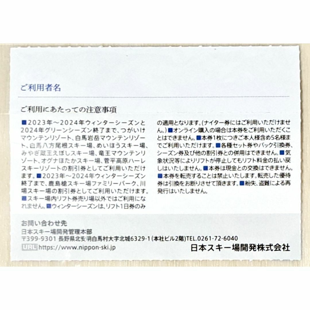 5名分 日本駐車場開発 株主優待券 スキーリフト割引 アクティビティ割引券 チケットの施設利用券(スキー場)の商品写真