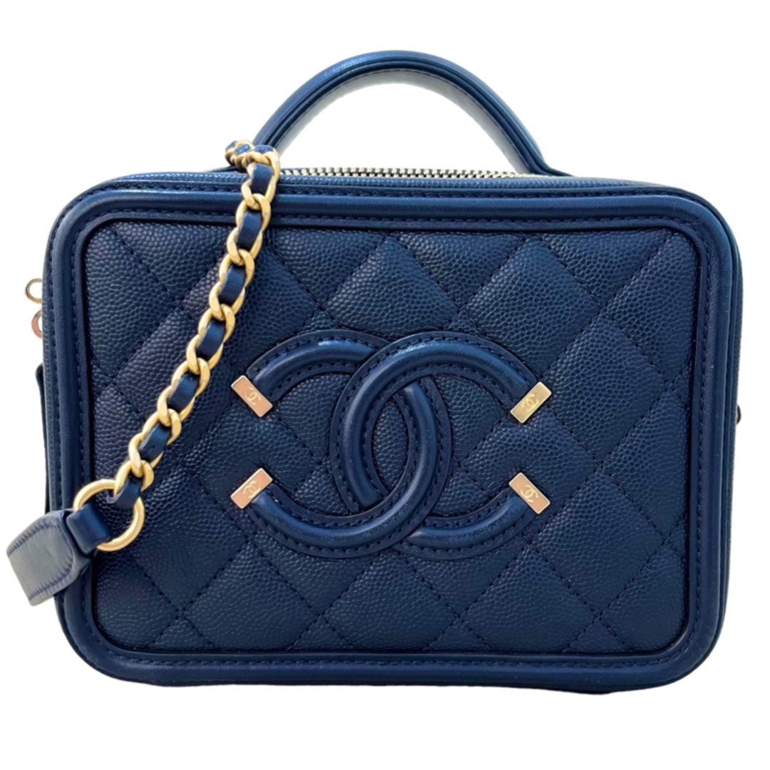 ダブルファスナー内側シャネル CHANEL CCフィリグリー　スモールバニティバッグ A93342 ネイビー ゴールド金具 キャビアスキン レディース ショルダーバッグ