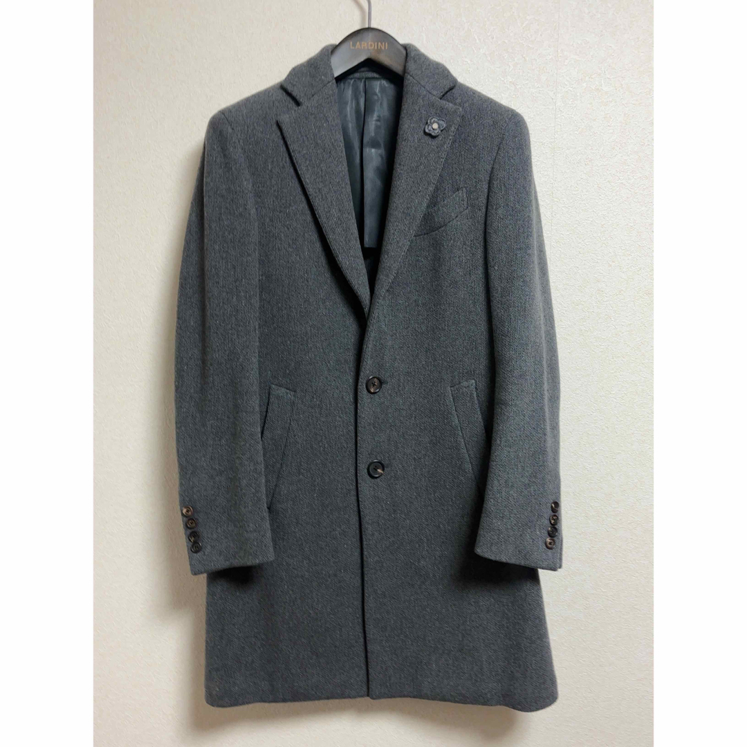 上質カシミヤ混 LARDINI チェスターコート美品 44(S-M相当) グレーウール90%カシミヤ10%裏地