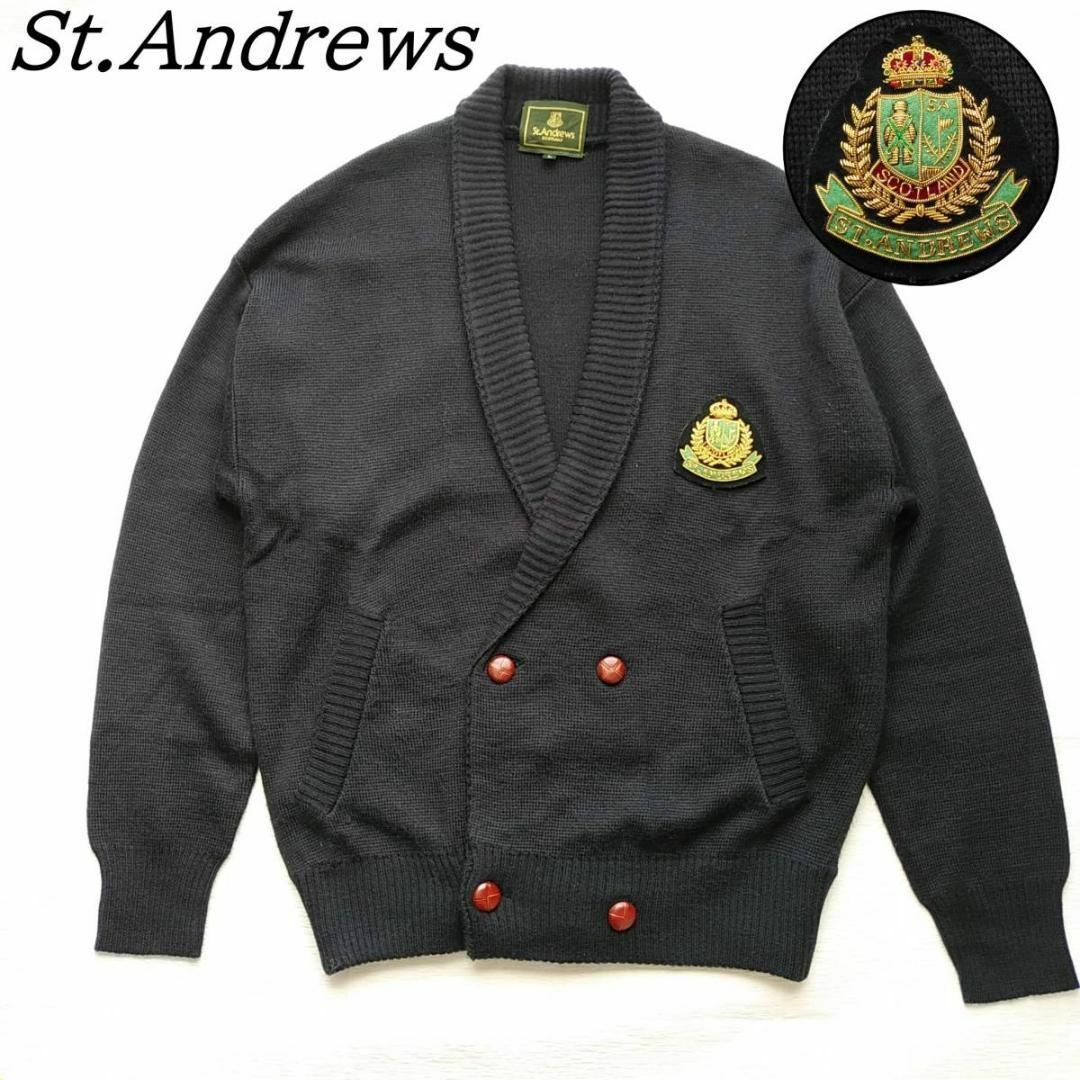 St.Andrews - 美品 革調くるみボタン カーディガン ワッペン 紺 St