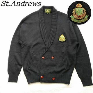 セントアンドリュース(St.Andrews)の美品　革調くるみボタン　カーディガン　ワッペン　紺　St ANDREWS(カーディガン)