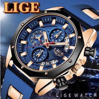 新品 LIGE クロノグラフ ウォッチ メンズ腕時計 ネイビー＆ゴールド8908(腕時計(アナログ))