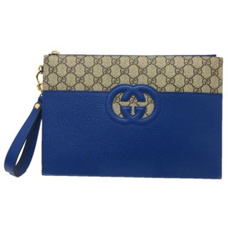 グッチ(Gucci)のグッチ GUCCI インターロッキングG カバン 723320 GG クラッチバッグ GGスプリームキャンバス ベージュ/ブルー 新品同様(セカンドバッグ/クラッチバッグ)