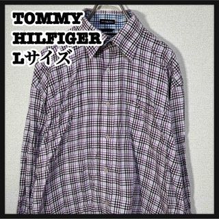 トミーヒルフィガー(TOMMY HILFIGER)の【トミーヒルフィガー】長袖シャツ　チェック　紫　刺繍　ワンポイントロゴ94(シャツ)