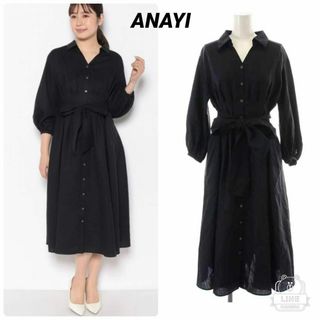 アナイ(ANAYI)の美品♡ANAYI スラブツイルタックフレアワンピース ベルト付き　ネイビー(ロングワンピース/マキシワンピース)